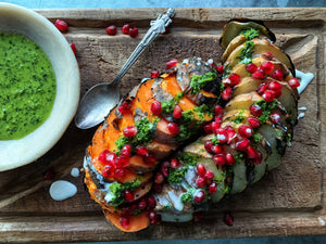 Coal Roasted Yams & Sweet Potatoes with Jalapeno Chimichurri, Crème Fraiche and Pomegranate